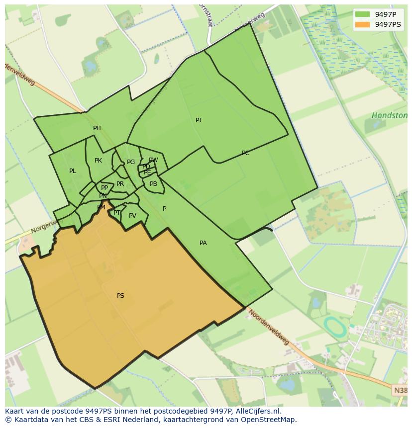 Afbeelding van het postcodegebied 9497 PS op de kaart.