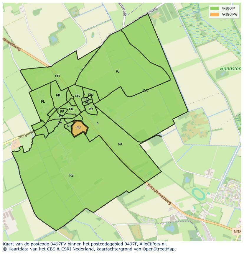 Afbeelding van het postcodegebied 9497 PV op de kaart.