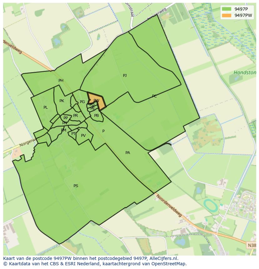Afbeelding van het postcodegebied 9497 PW op de kaart.