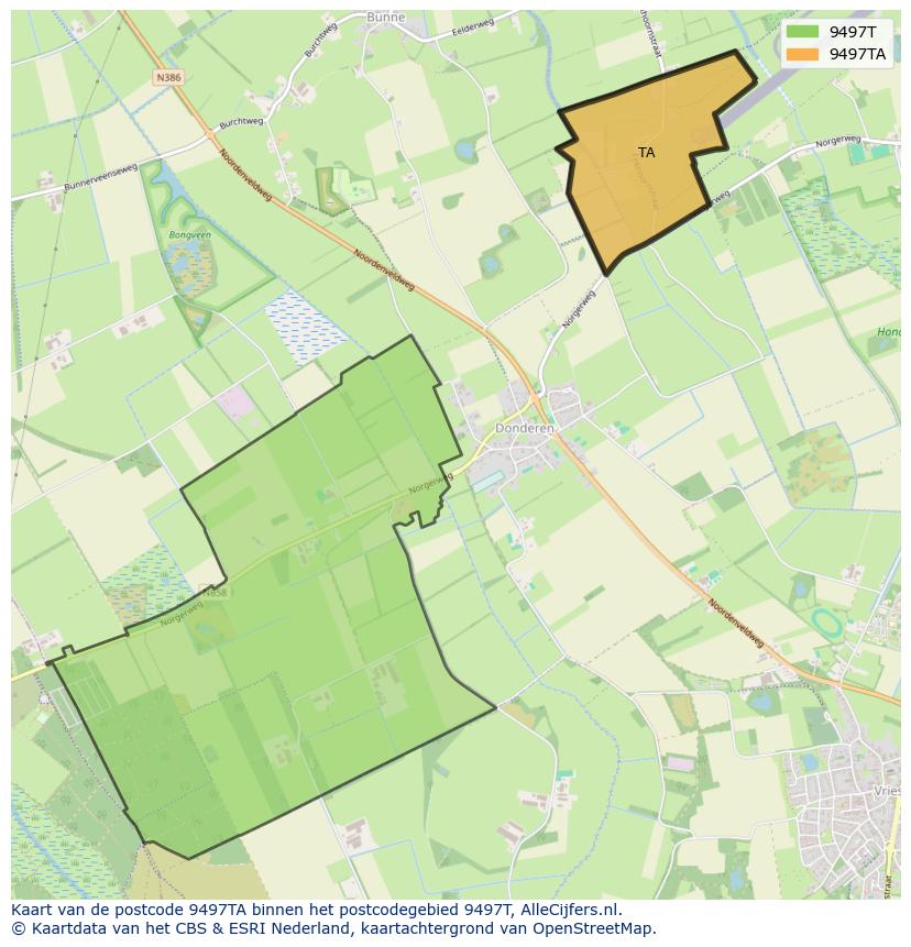 Afbeelding van het postcodegebied 9497 TA op de kaart.