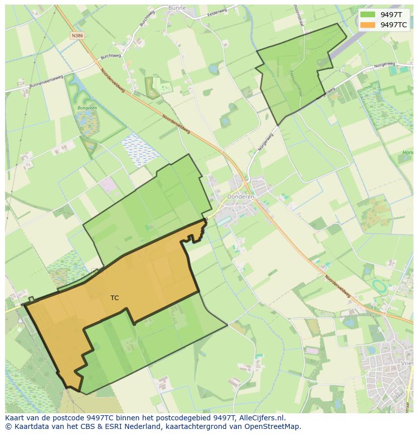 Afbeelding van het postcodegebied 9497 TC op de kaart.