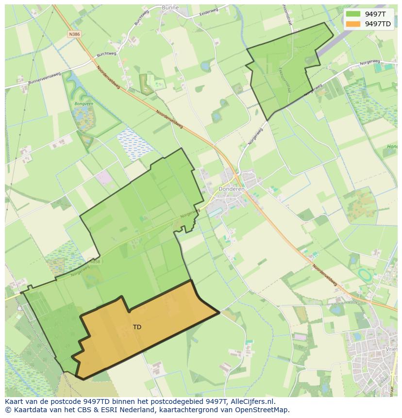 Afbeelding van het postcodegebied 9497 TD op de kaart.
