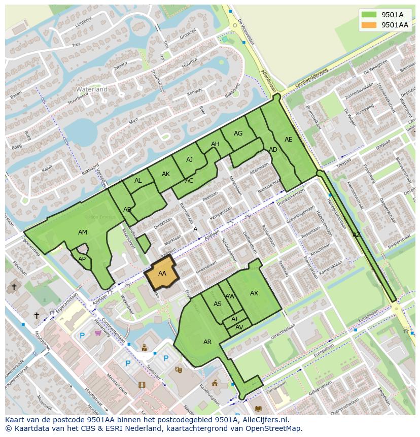 Afbeelding van het postcodegebied 9501 AA op de kaart.