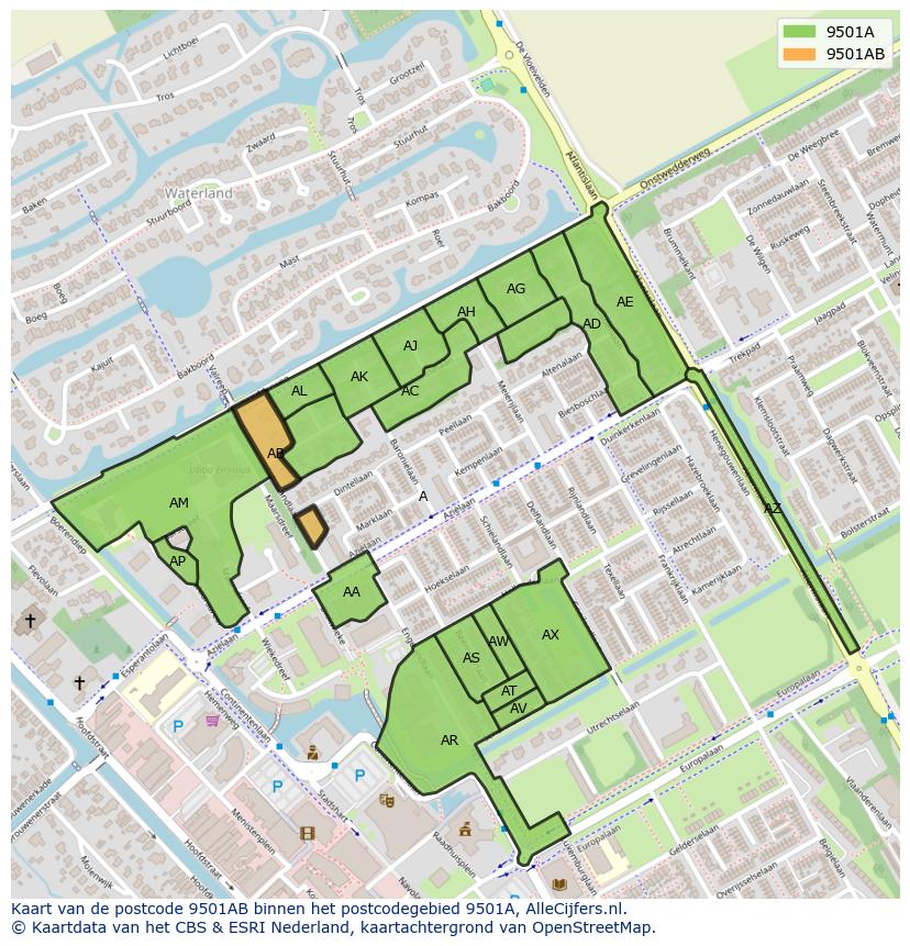 Afbeelding van het postcodegebied 9501 AB op de kaart.