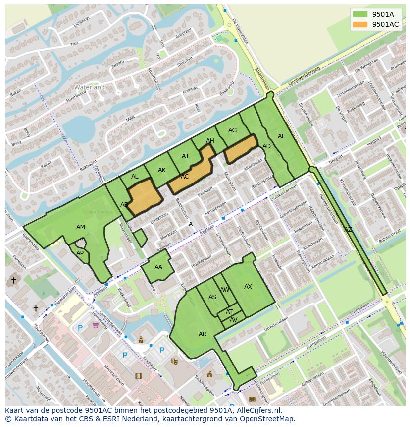 Afbeelding van het postcodegebied 9501 AC op de kaart.