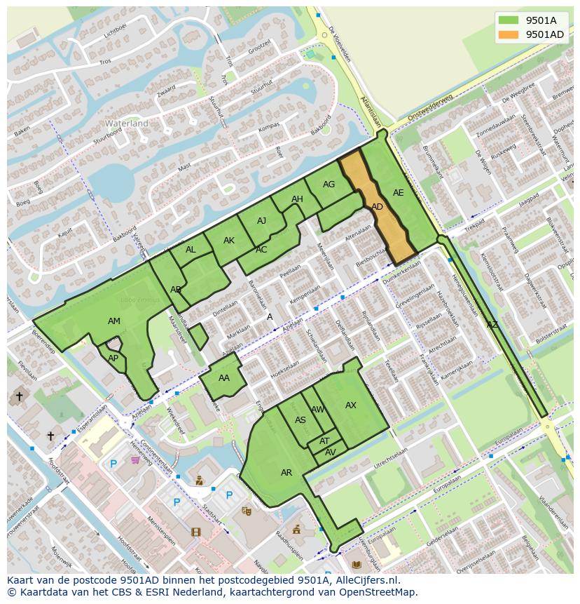 Afbeelding van het postcodegebied 9501 AD op de kaart.