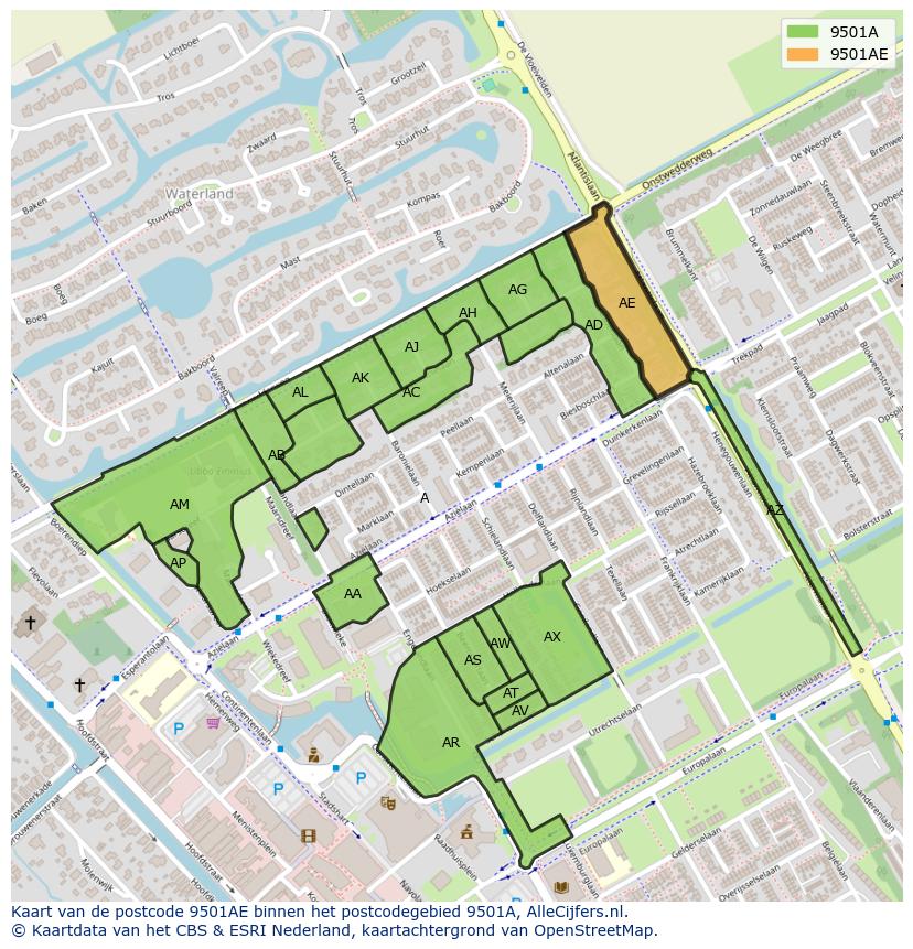 Afbeelding van het postcodegebied 9501 AE op de kaart.