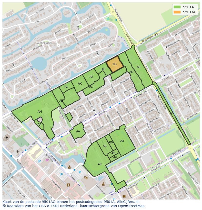 Afbeelding van het postcodegebied 9501 AG op de kaart.