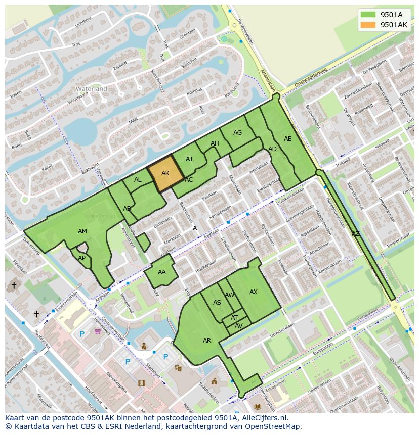 Afbeelding van het postcodegebied 9501 AK op de kaart.