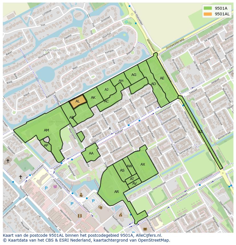Afbeelding van het postcodegebied 9501 AL op de kaart.