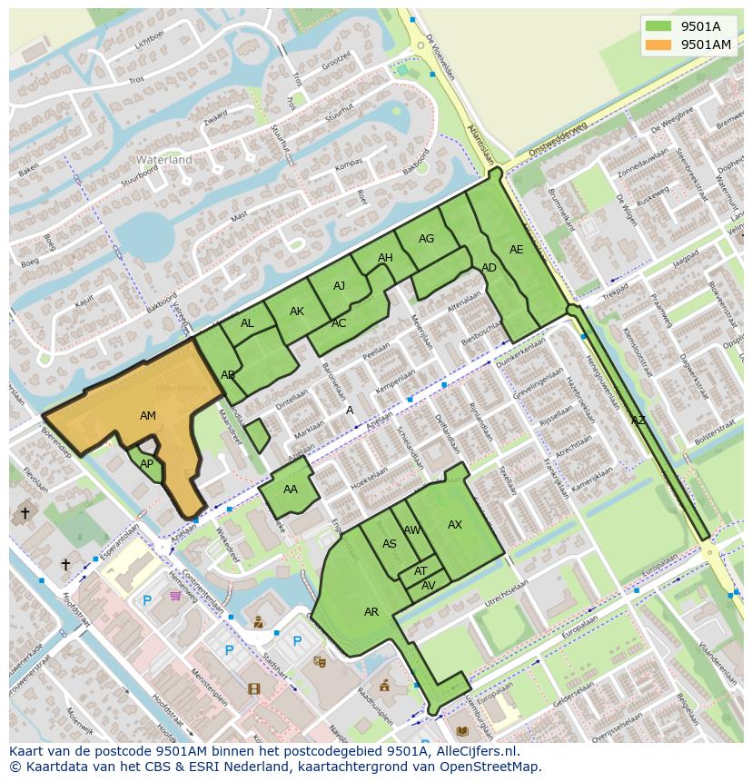 Afbeelding van het postcodegebied 9501 AM op de kaart.