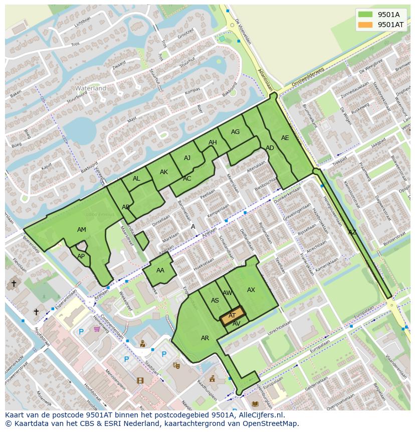 Afbeelding van het postcodegebied 9501 AT op de kaart.