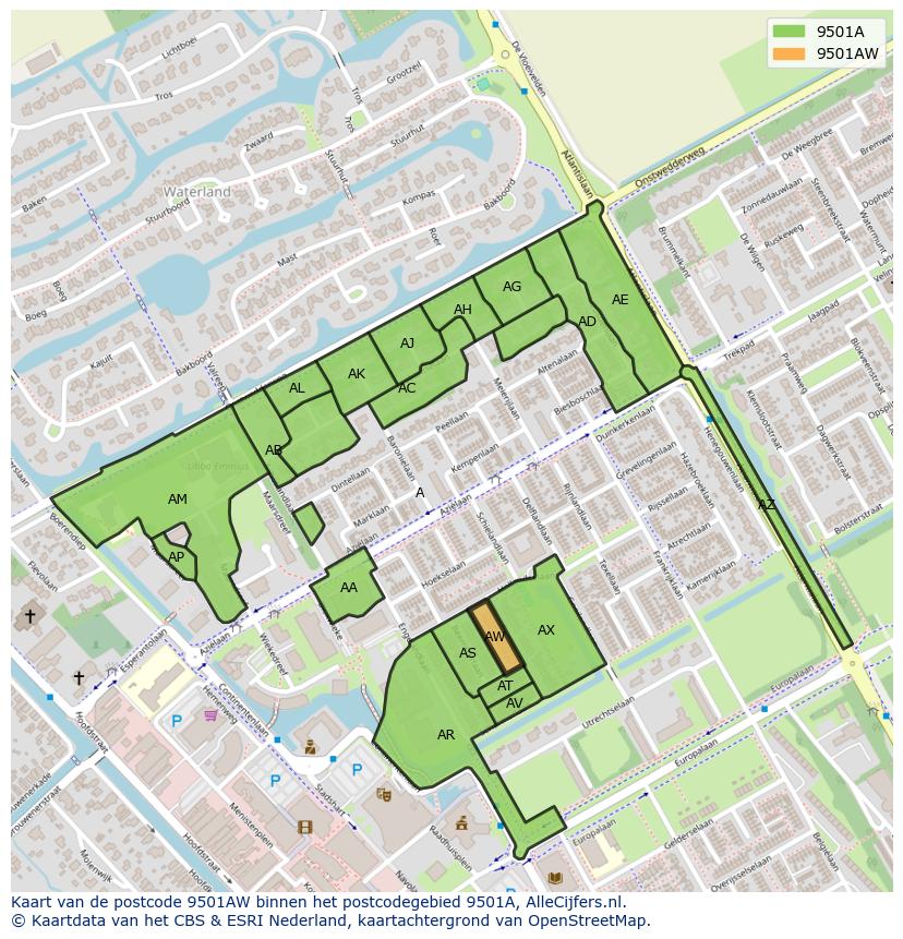 Afbeelding van het postcodegebied 9501 AW op de kaart.