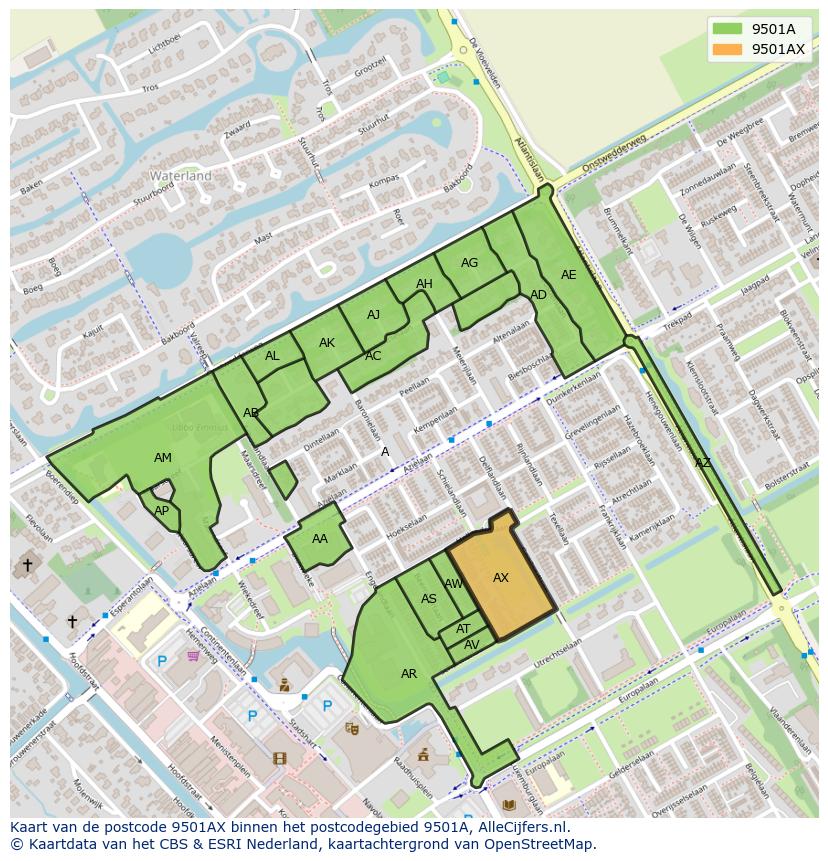Afbeelding van het postcodegebied 9501 AX op de kaart.