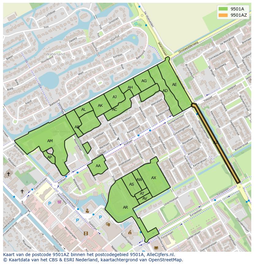 Afbeelding van het postcodegebied 9501 AZ op de kaart.