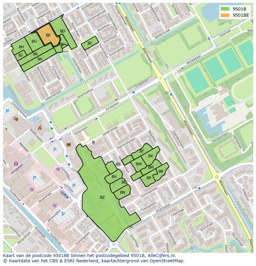 Afbeelding van het postcodegebied 9501 BE op de kaart.