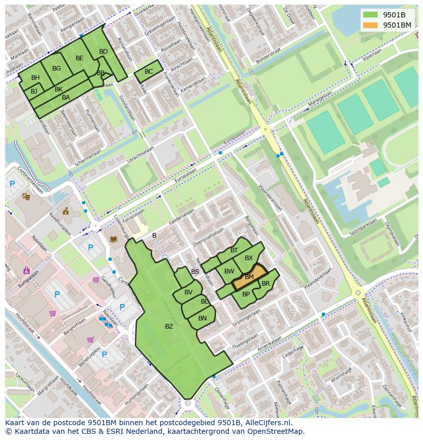 Afbeelding van het postcodegebied 9501 BM op de kaart.