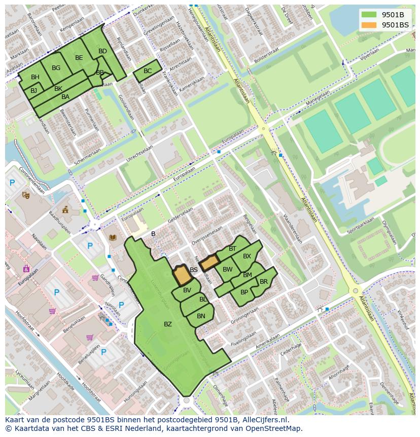 Afbeelding van het postcodegebied 9501 BS op de kaart.