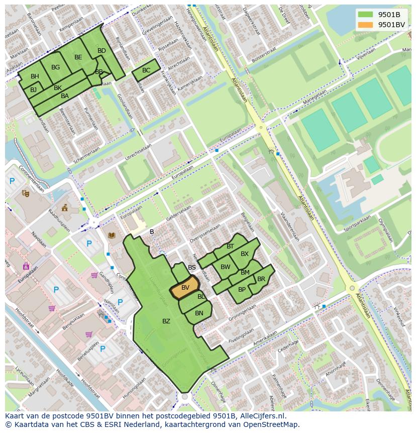 Afbeelding van het postcodegebied 9501 BV op de kaart.
