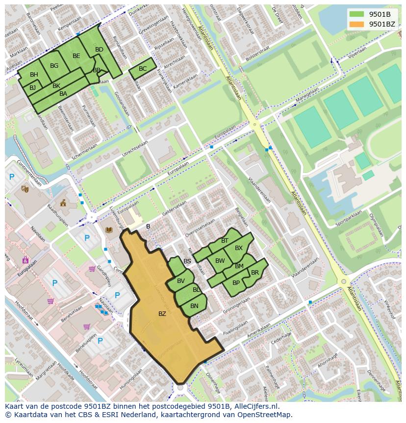 Afbeelding van het postcodegebied 9501 BZ op de kaart.
