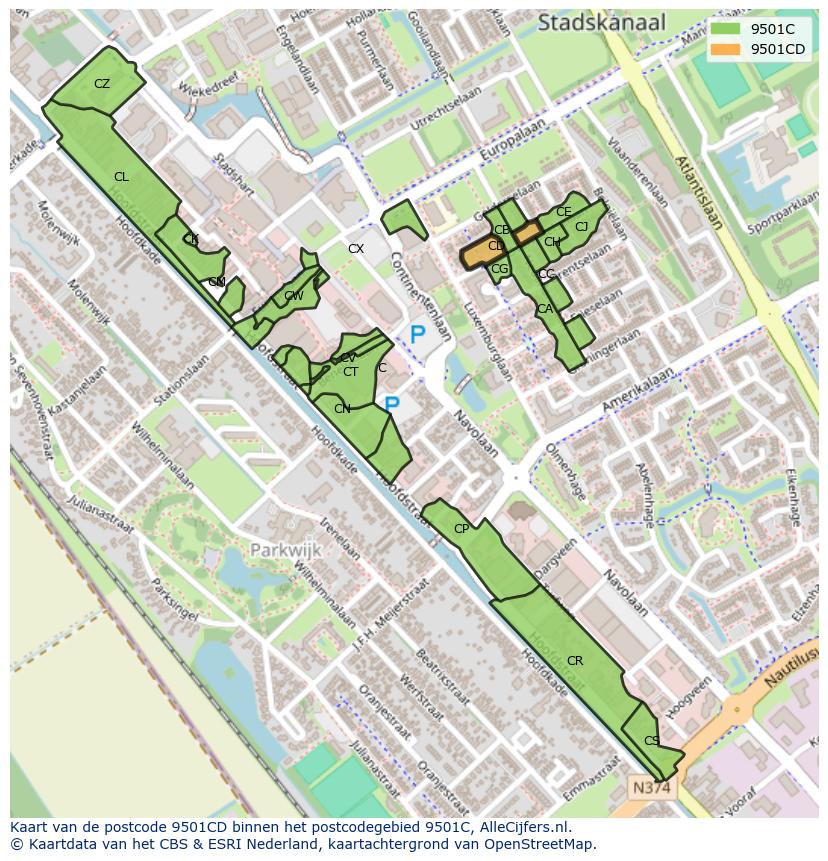 Afbeelding van het postcodegebied 9501 CD op de kaart.