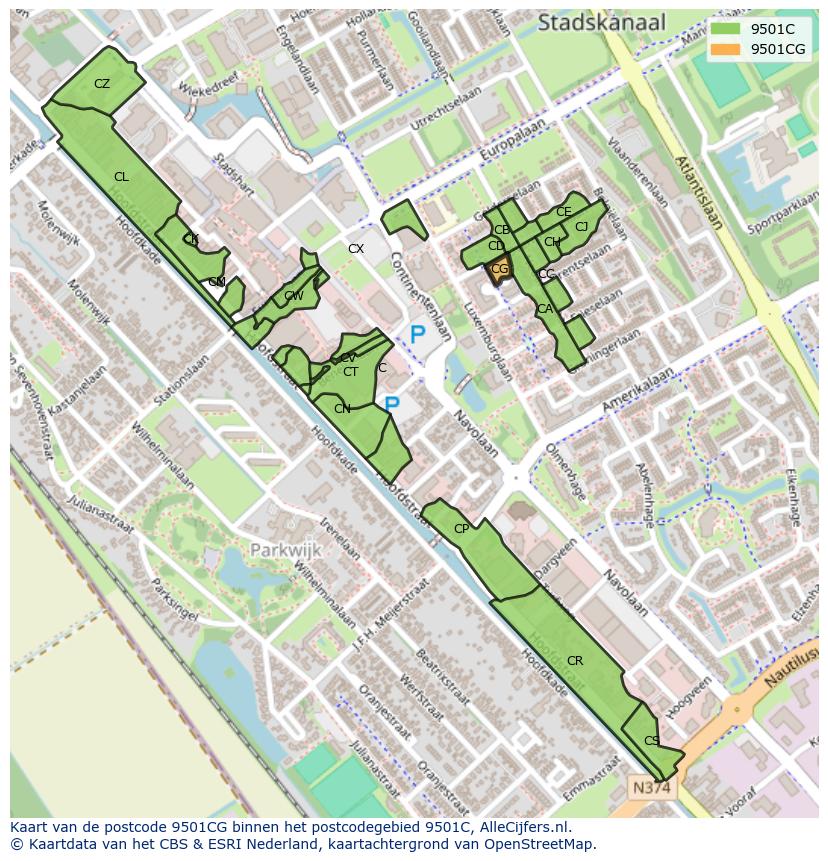 Afbeelding van het postcodegebied 9501 CG op de kaart.