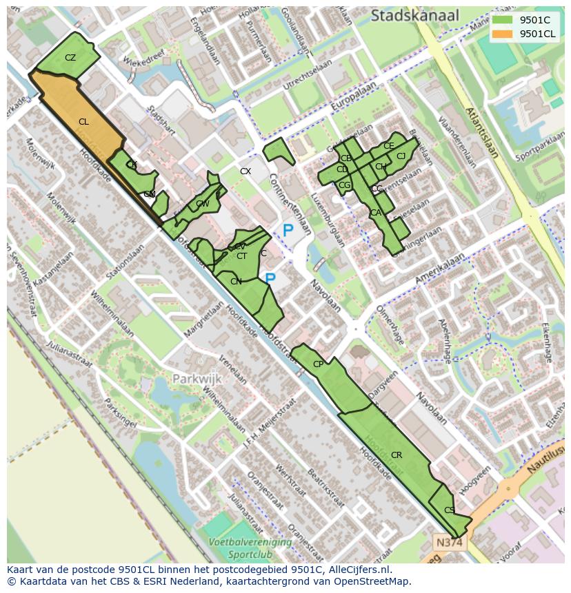Afbeelding van het postcodegebied 9501 CL op de kaart.