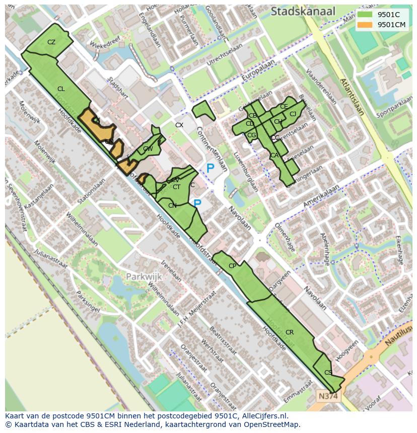 Afbeelding van het postcodegebied 9501 CM op de kaart.
