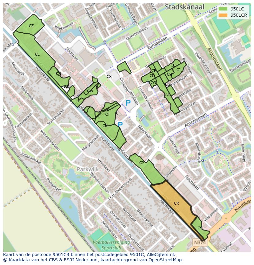Afbeelding van het postcodegebied 9501 CR op de kaart.