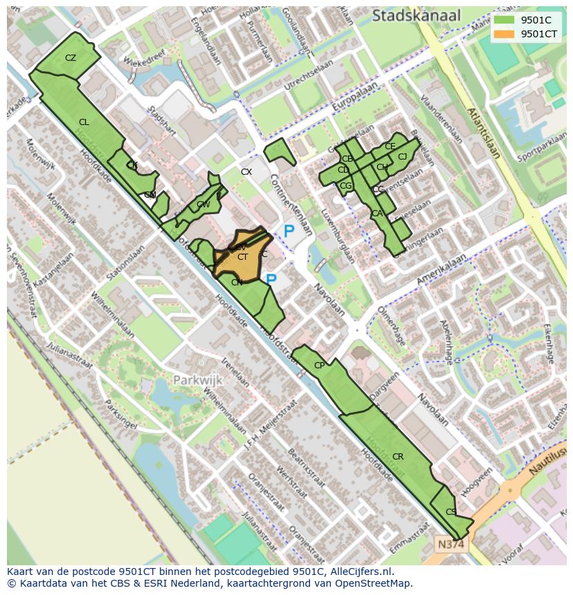 Afbeelding van het postcodegebied 9501 CT op de kaart.