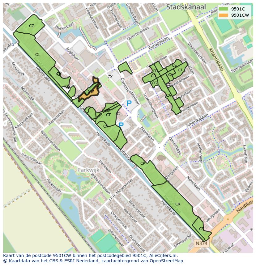 Afbeelding van het postcodegebied 9501 CW op de kaart.