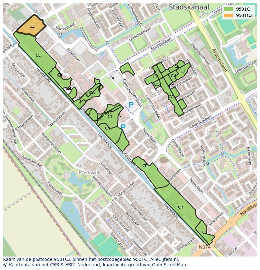 Afbeelding van het postcodegebied 9501 CZ op de kaart.