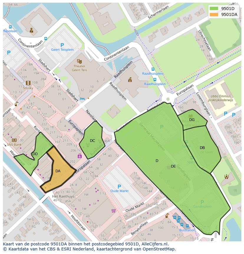 Afbeelding van het postcodegebied 9501 DA op de kaart.
