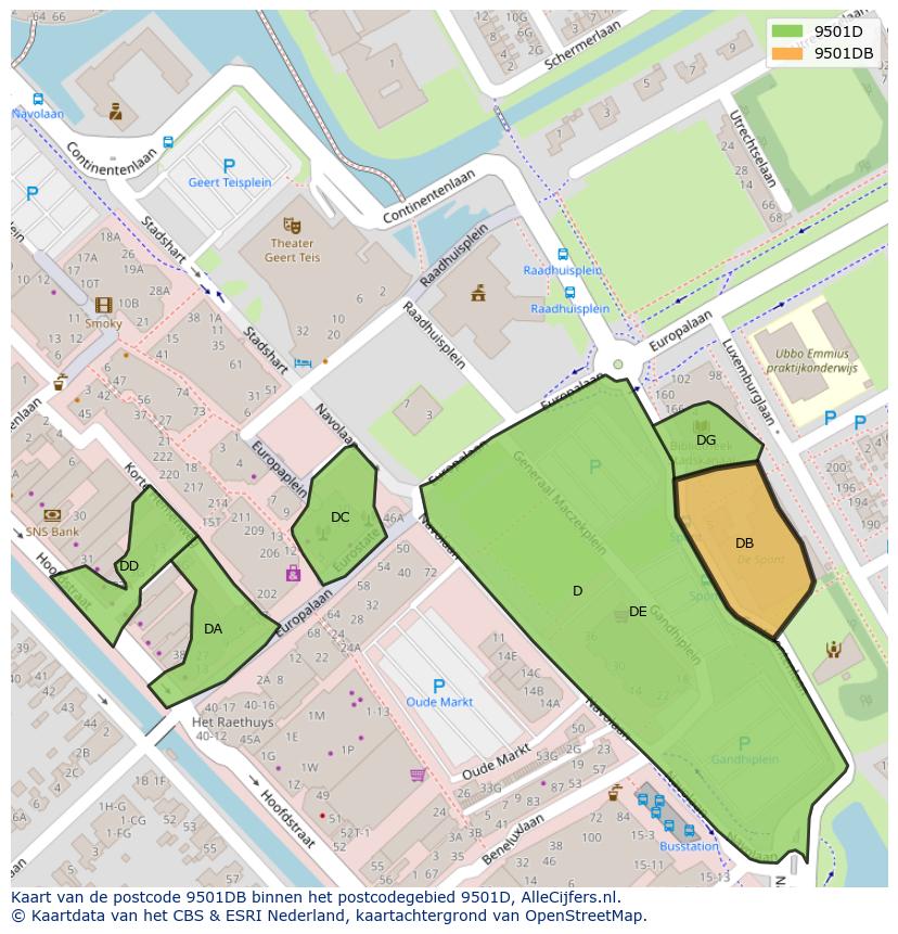 Afbeelding van het postcodegebied 9501 DB op de kaart.