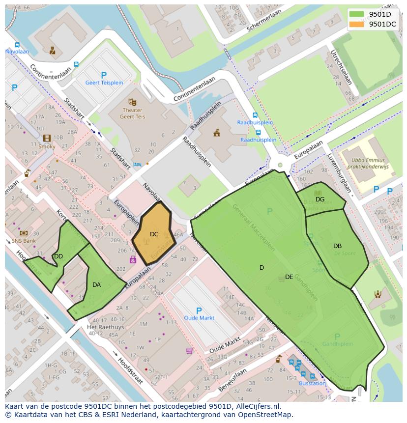 Afbeelding van het postcodegebied 9501 DC op de kaart.
