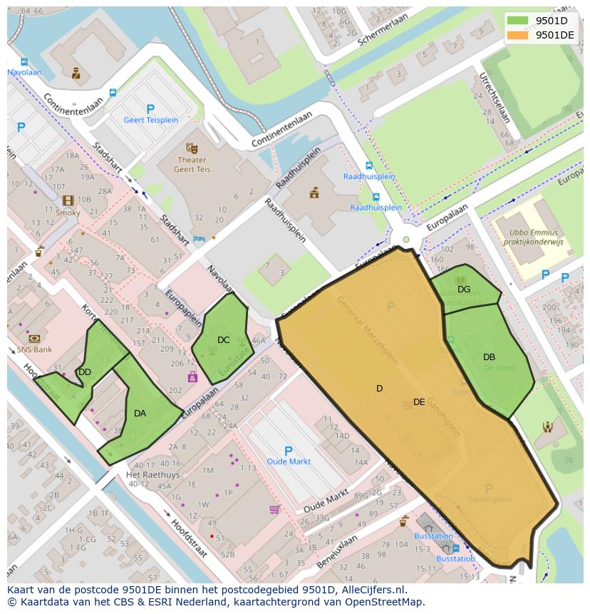 Afbeelding van het postcodegebied 9501 DE op de kaart.