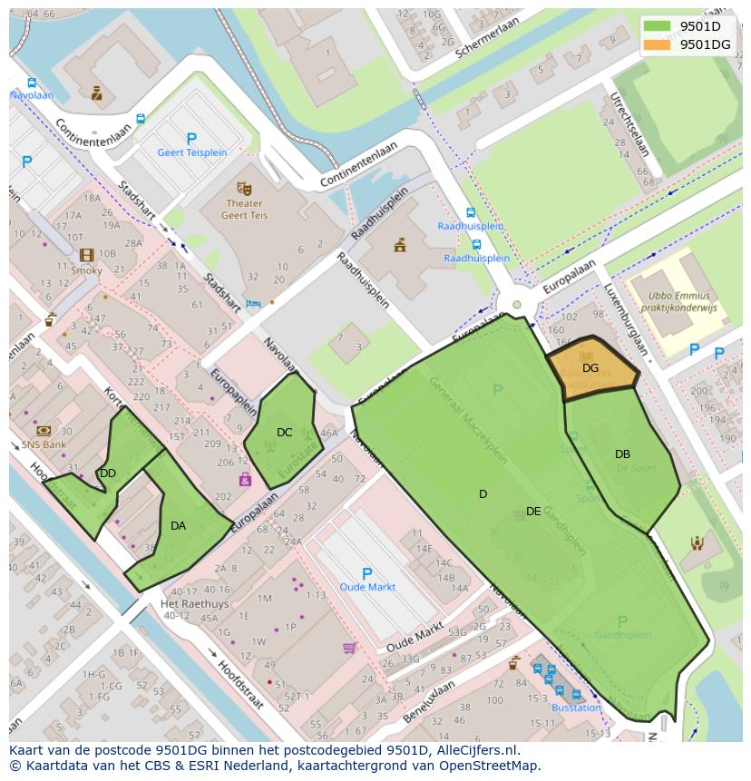 Afbeelding van het postcodegebied 9501 DG op de kaart.
