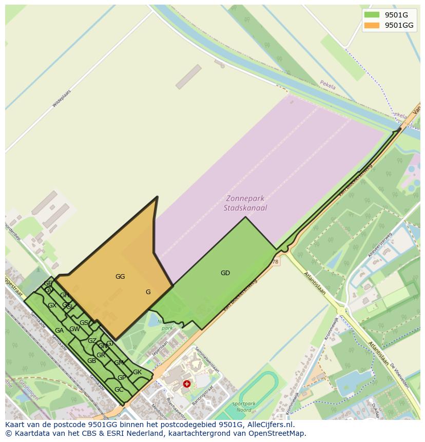 Afbeelding van het postcodegebied 9501 GG op de kaart.