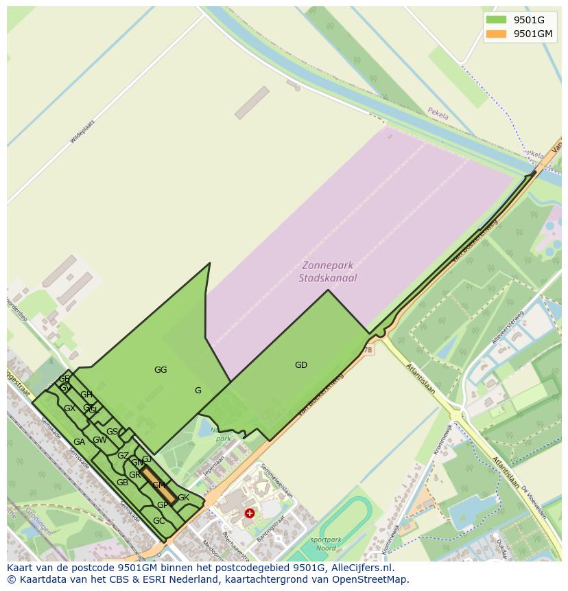 Afbeelding van het postcodegebied 9501 GM op de kaart.
