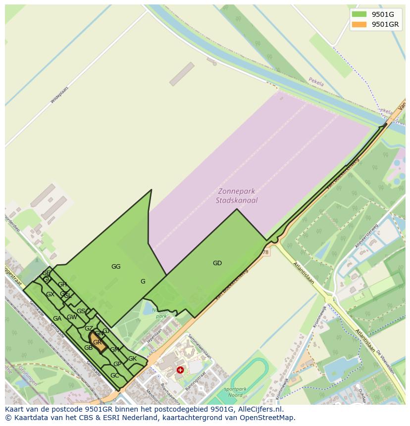 Afbeelding van het postcodegebied 9501 GR op de kaart.