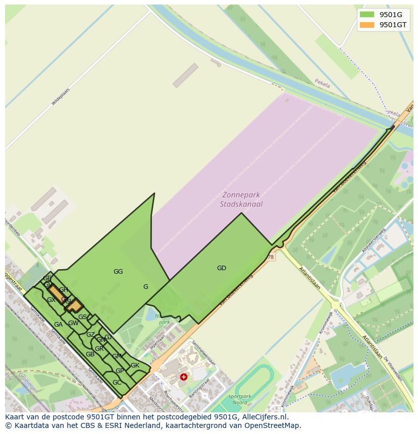 Afbeelding van het postcodegebied 9501 GT op de kaart.