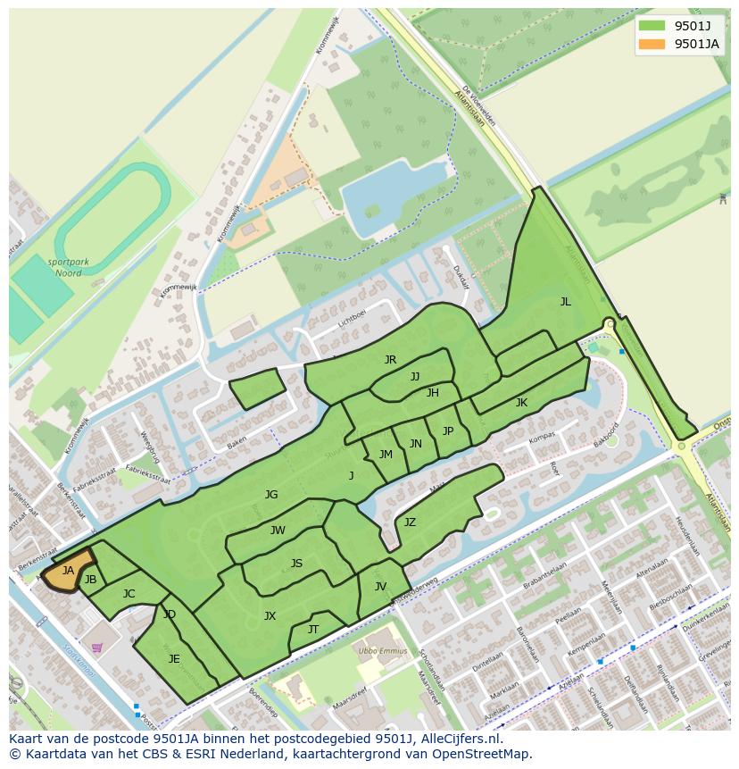 Afbeelding van het postcodegebied 9501 JA op de kaart.