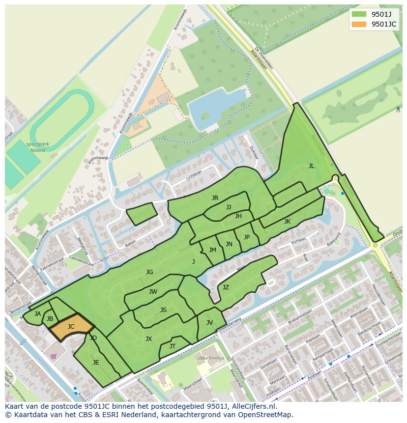 Afbeelding van het postcodegebied 9501 JC op de kaart.