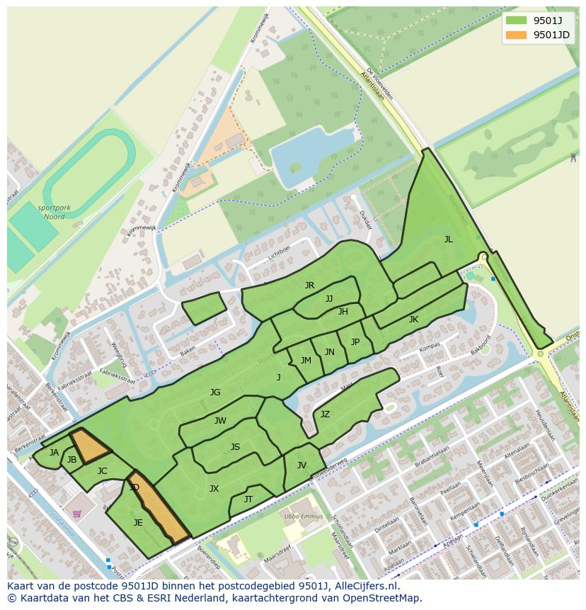 Afbeelding van het postcodegebied 9501 JD op de kaart.