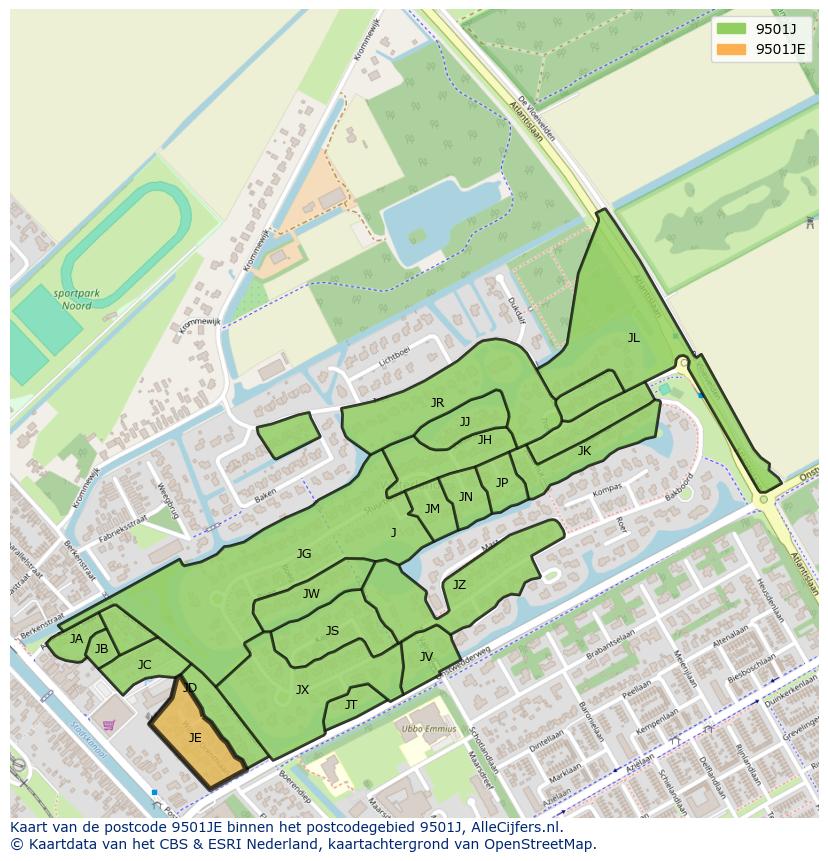 Afbeelding van het postcodegebied 9501 JE op de kaart.