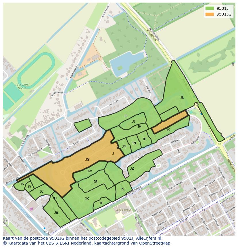 Afbeelding van het postcodegebied 9501 JG op de kaart.