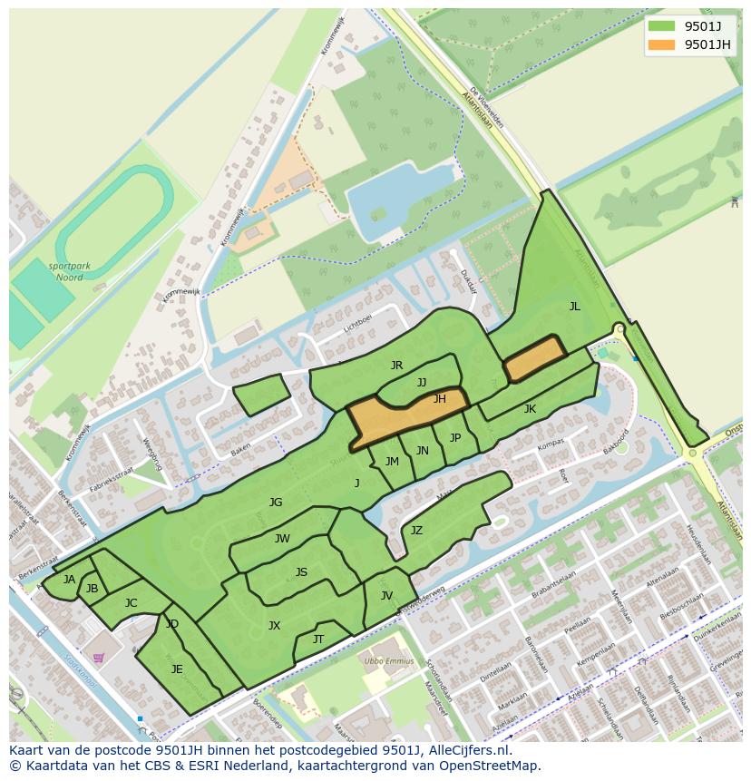 Afbeelding van het postcodegebied 9501 JH op de kaart.