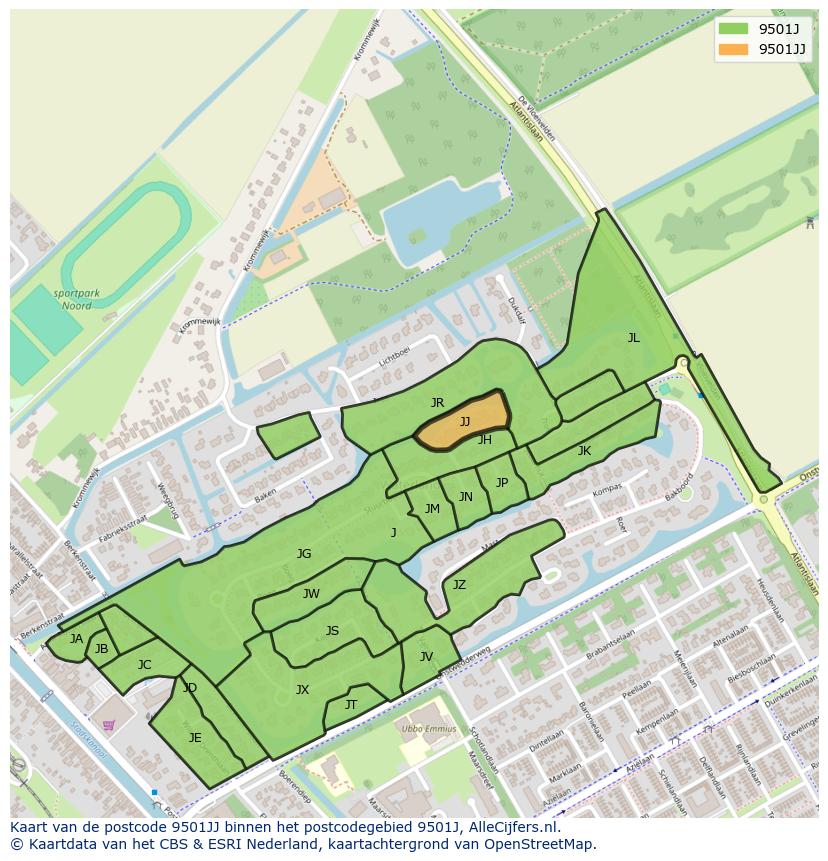 Afbeelding van het postcodegebied 9501 JJ op de kaart.