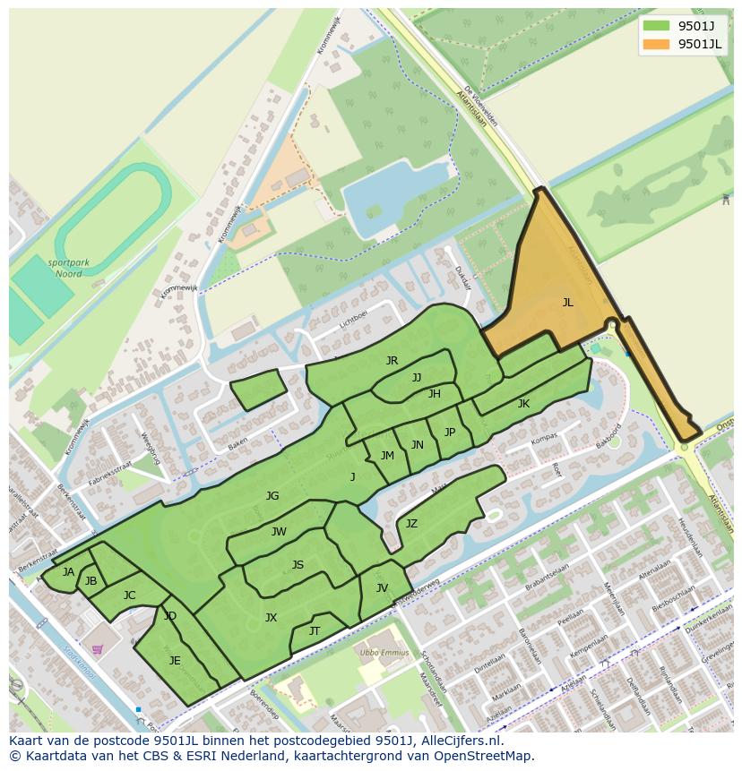 Afbeelding van het postcodegebied 9501 JL op de kaart.