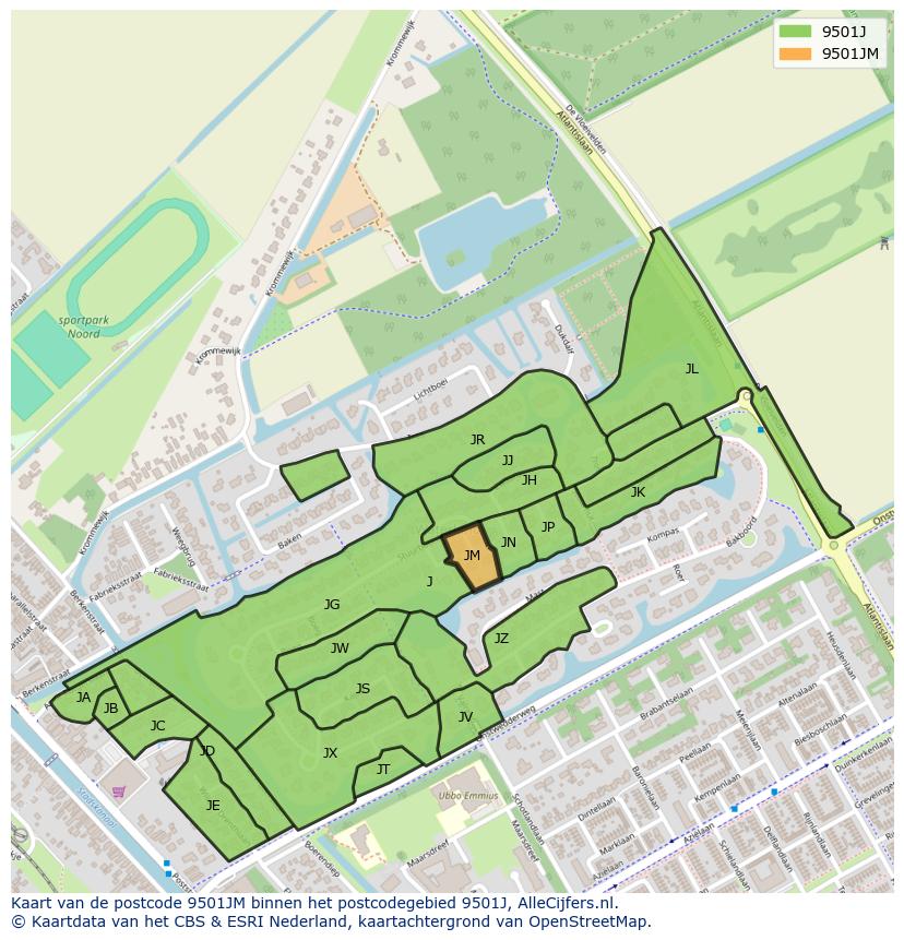 Afbeelding van het postcodegebied 9501 JM op de kaart.